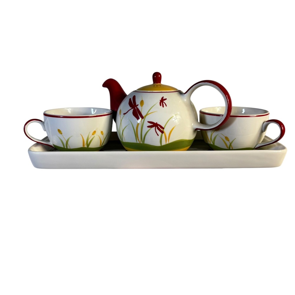 Hues N Brews Dragonfly Tea Set Teapot 2 Cups and Tray Red Yellow White Ceramic